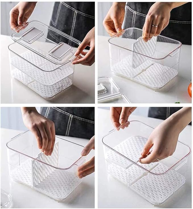 Fridge Storage Containers Bins Fresh Keeper Freezer Bins, Vegetable Fruit Storage Containers Fresh Container Produce Saver Organizer Keeper Bins with Lids Removable Drain Tray