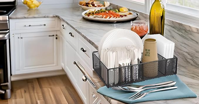 Paper plate organizer for Kitchen Countertop,Flatware Utensil Caddy,Utensil Holder Organizer with 6 Compartments for for Kitchen,Picnic,Indoor/Outdoor Dinner Parties,BBQ