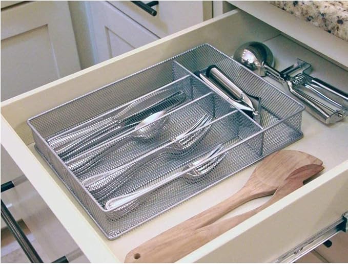 Silverware Tray for Drawer, Silverware Organizer, Metal Drawer Organizer Kitchen Utensils with Foam Feet Multi Compartments Cutlery Organizer in Drawer (SLIVER)