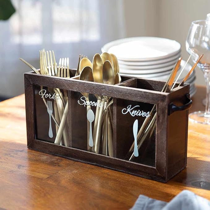 BLU MONACO Espresso Wooden Cutlery & Utensil Caddy – Silverware Organizer Bin for Forks, Spoons, Knives – Perfect for Kitchen Countertop
