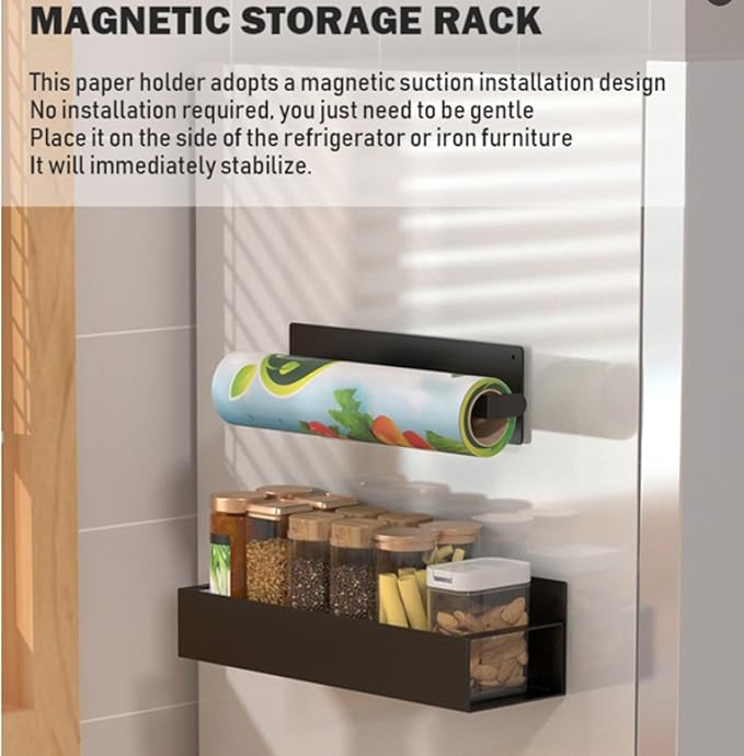 Magnetic Spice Rack for Refrigerator, Magnetic Refrigerator Organizer, 3 Pack Metal Black Magnetic Shelf with Paper Towel Holder, Rustproof Side Fridge Storage Rack for Kitchen with 4 small hooks