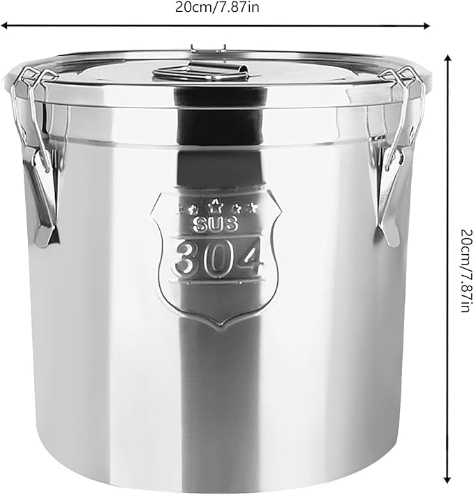 DYNAMI 304 Stainless Steel Containers With Lid,202oz Flour Containers Airtight Canister for Kitchen,Metal Canisters Bucket Milk Jug Coffee Bean Cookies Canisters with Locking Clamp (6L/1.6Gal)