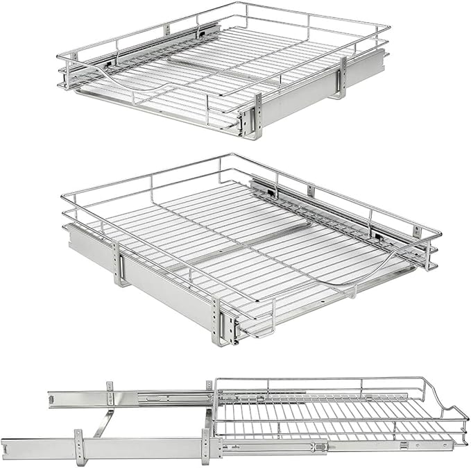 DINDON 1 Tier Pull Out Cabinet Organizer (14" W x 18" D) Heavy-Duty Metal Sliding Drawer Shelf, Slide Out Wire Basket for Kitchen Cabinets, Pantry, Bathroom, Chrome Finish…