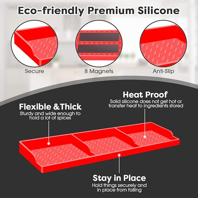 Stove Top for Shelf Silicone,30 Inch Magnetic Over the Stove Spice Rack of Shelf,Kitchen Shelf for Stove Organizer Magnet Above Stovetop Flat Back of Stove Storage Suctioned Shelf for The Stove-Red