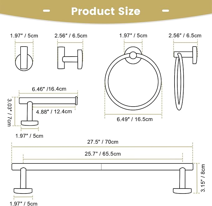 YACVCL 10 Pieces Bathroom Hardware Set Gold, 27.5 Inch Bathroom Towel Holder Set SUS304 Stainless Steel Towel Bar Set Wall Mounted Brushed Gold Bathroom Accessories Set