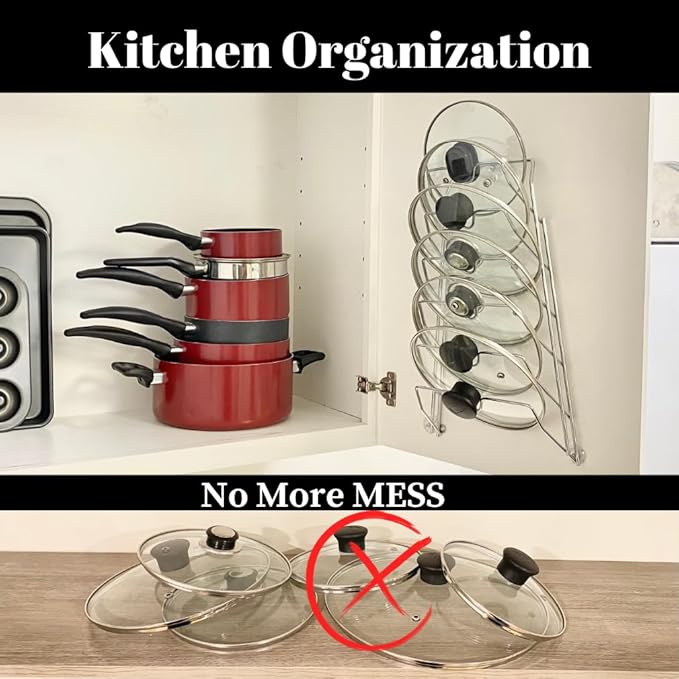 Evelots 6-Tier Pot Lid Organizer Rack for your Kitchen Cabinet Door/Wall - Fits Most Glass and/or Pan Covers - Kitchen Storage - No More Mess in your Cabinets and/or drawers - Rustproof -Chrome Finish