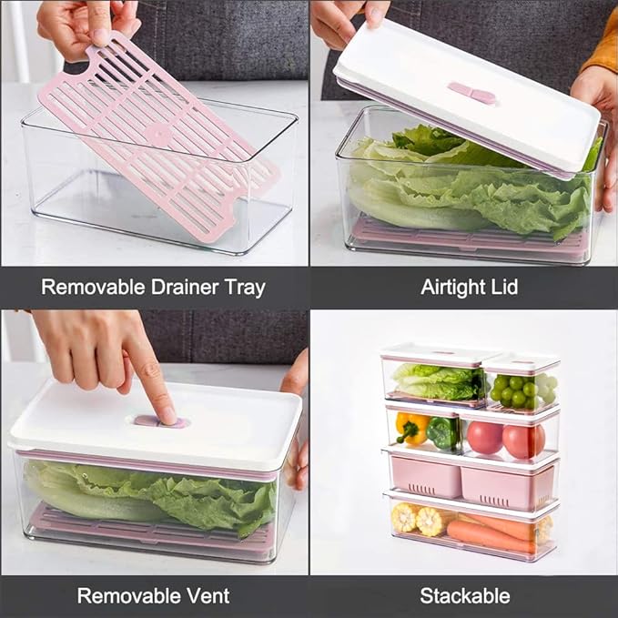 Lille Home Stackable Produce Saver, Organizer Bins/Storage Containers with Removable Drain Tray, Set of Six, for Refrigerators, Cabinets, Countertops and Pantry, BPA Free (Pink,Set of Six)