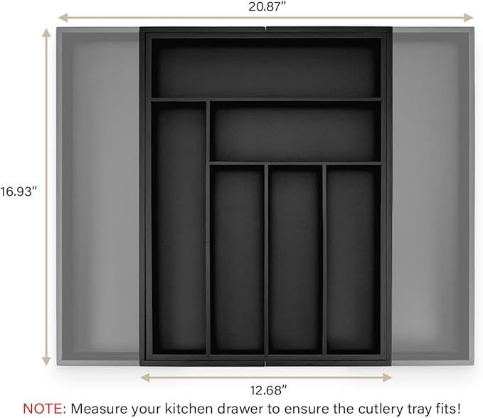 budu Silverware Drawer Organizer #16.9" Depth – Black - Utensil Holder, Kitchen Drawer Organizers for Flatware, Cutlery – Perfect Utensil Organizer for Silverware & Other Kitchen Organization Tools