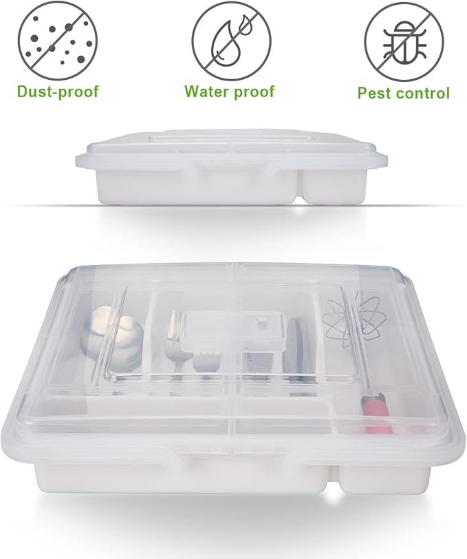 Silverware Organizer with Cover, Portable Cutlery Holder Flatware Tray with Lid Plastic Silverware Storage Box 5 Compartments for Kitchen Drawer (white)