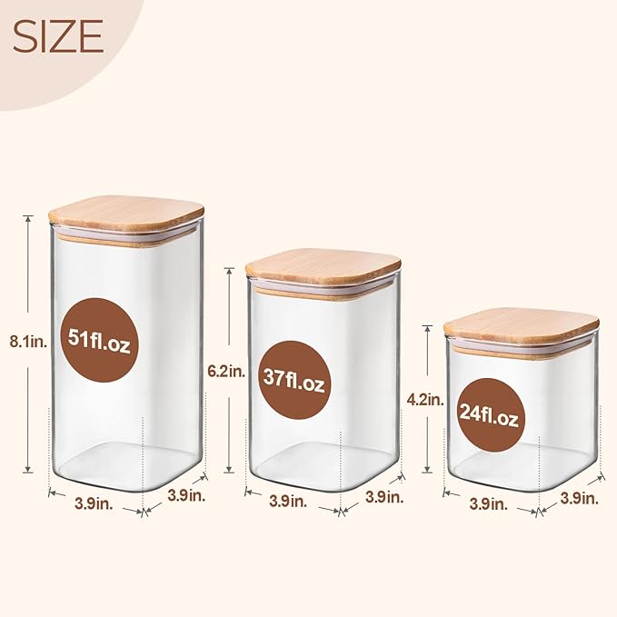ComSaf Airtight Glass Storage Canister with Lids (24oz/37oz/51oz) Set of 6, Clear Food Storage Container Kitchen Pantry Storage Jar, Glass Jars for Flour Cereal Sugar Tea Coffee Beans Snacks, Square