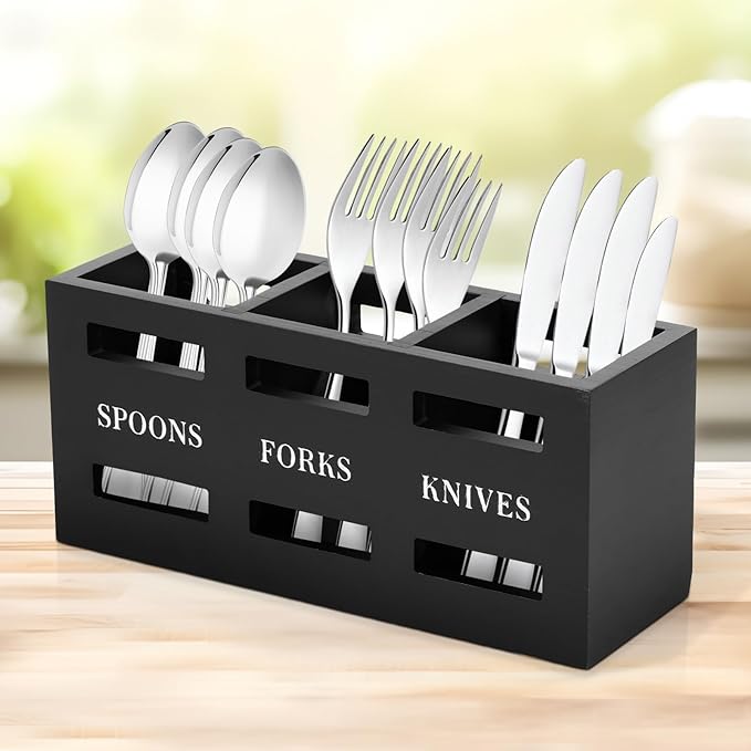 Wood Utensil Caddy, Large Capacity Kitchen Flatware Caddy, Wooden Utensil Holder with 3 Compartments, Silverware Organizer, Multipurpose Cutlery Caddy for Forks Spoons Cutters (Black)