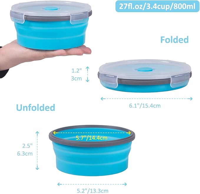 Collapsible Food Storage Containers with Airtight Lid, 27 oz, Kitchen Stacking Silicone Collapsible Meal Prep Container Set for Leftover, Microwave Freezer Dishwasher Safe, 4 Colors Round, Set of 4