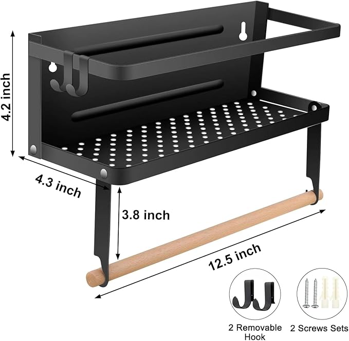 Magnetic Spice Rack for Refrigerator Magnetic Paper Towel Holder for Fridge Magnetic Shelf Magnetic Shelves 2 Hooks Fridge Magnet Organizer Spice Rack Seasoning Organizer Kitchen Storage