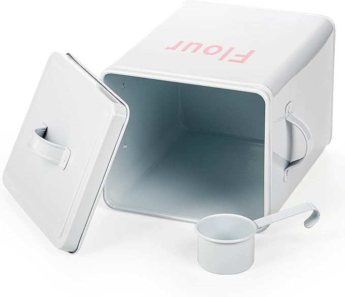 Youeon 200 Oz/25 Cup Metal Flour Storage Container with Airtight Lid and Measuring Scoop, Square Flour Canister with Handle, White Storage Canister for Kitchen Counter, Farmhouse Decor
