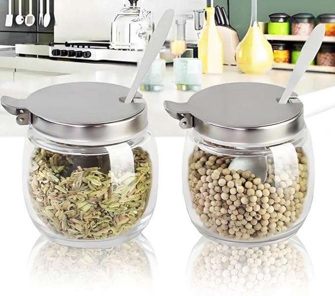Hewnda 2Pcs Sugar Salt Container Set,8 oz glass jar with lid and spoon for storing condiments,coffee,sugar cubes,spices and more