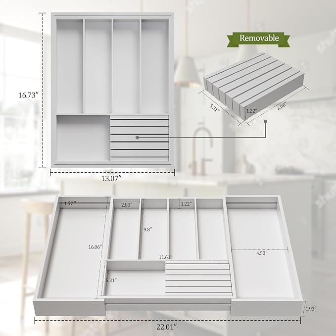 Bamboo Kitchen Silverware Drawer Organizer - Expandable Wood Utensil Holder with Dividers, Luxury Cutlery Storage Tray for Kitchen Utensil and Flatware (5-7 Slots with Removable Knife Block, (White)