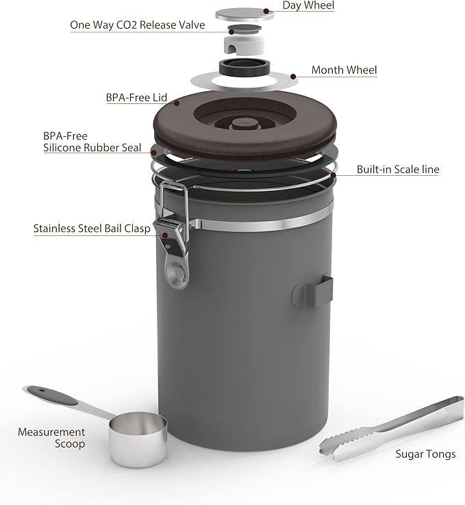 HAIOOU Airtight Coffee Canister Wood Grain, 16OZ Small Stainless Steel Coffee Bean Storage Container with Date Tracker, Measuring Scoop, CO2 Filter Valves for Beans Grounds - Walnut and Gray