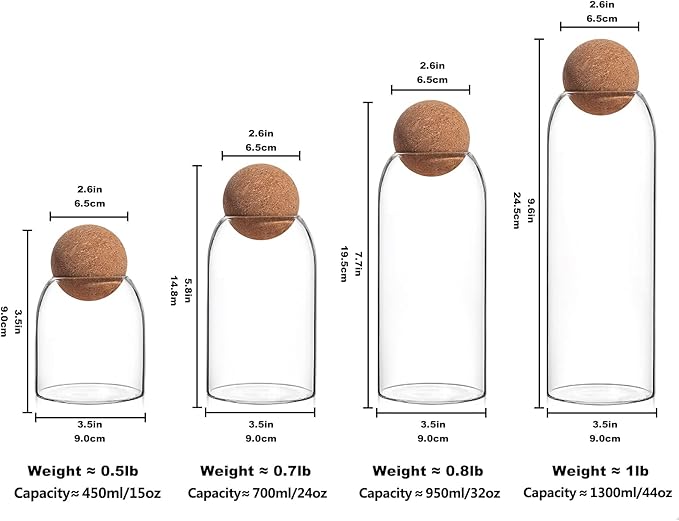 Glass Jars with Cork Lids, Candy Jar with Lid, Coffee jar for Counter, Cookie Jar with Airtight Lids, Clear Glass Jar for Candy, Tea, Coffee Bean, Sugar, Spices, Apothecary etc (450ml/15oz)