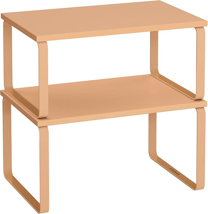 SONGMICS Cabinet Organizer Shelf, Set of 2 Kitchen Counter Shelves, Kitchen Storage, Spice Rack, Stackable, Expandable, Metal and Engineered Wood, Apricot Orange UKCS002Y01