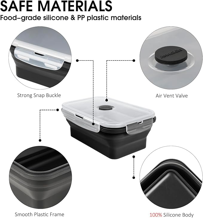 Collapsible Food Storage Containers with Lids, 8 Pack, 27 oz Silicone 1-Compartment Meal Prep Containers Reusable, Lunch Bento Boxes for Adults, Microwave Freezer Dishwasher Safe, BPA-Free, Black