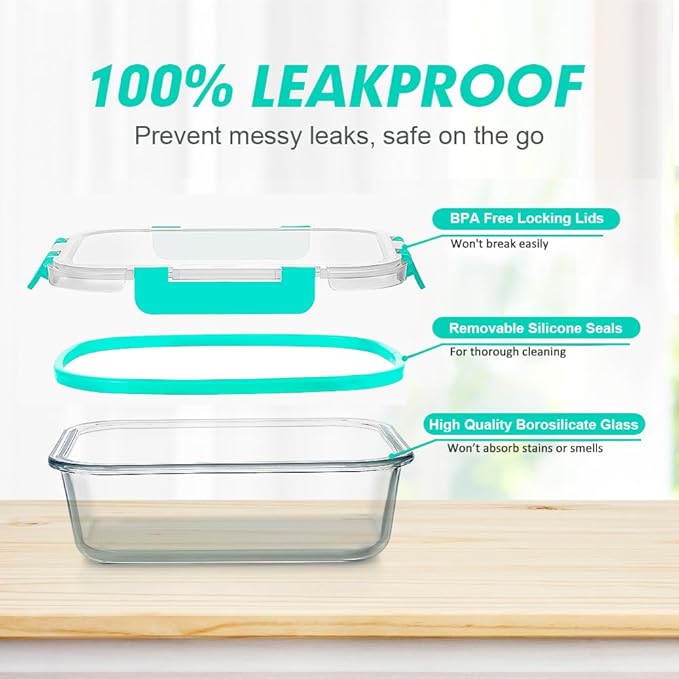 VERONES 24 Pieces Glass Food Storage Containers Set, Airtight Glass Lunch Containers, Glass Meal Prep Containers with Lids,Exclusive of BPA, for Microwave, Oven, Freezer & Dishwasher Friendly,Green