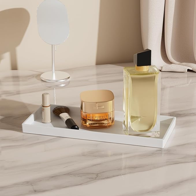 Vanity and Bathroom Tray, 11.8" ABS Countertop Organizer,Waterproof Vanity Tray for Toilet Tank,Perfume,Soap,Keys,Bathroom Accessories,Kitchen and Bath Trays,Non Slip Small Trays,White