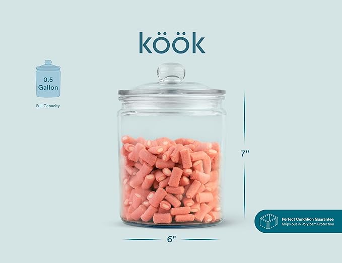 KooK Glass Storage Containers with Lids, 1/2 Gallon, Set of 2, Glass Kitchen Jars, Food & Cookie Storage Containers for Pantry, Bathroom Apothecary Canisters, Dishwasher Safe, Chalk, Label, Scoops