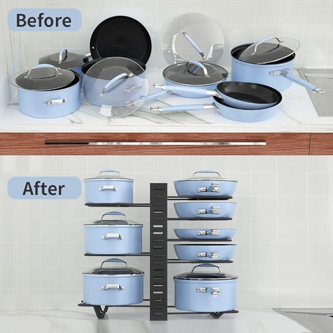 Adjustable Pots and Pans Organizer Rack for Cabinet, Metal Pans Pots Lids Storage Holder Rack with 3 DIY Methods for Kitchen, Counter,Black