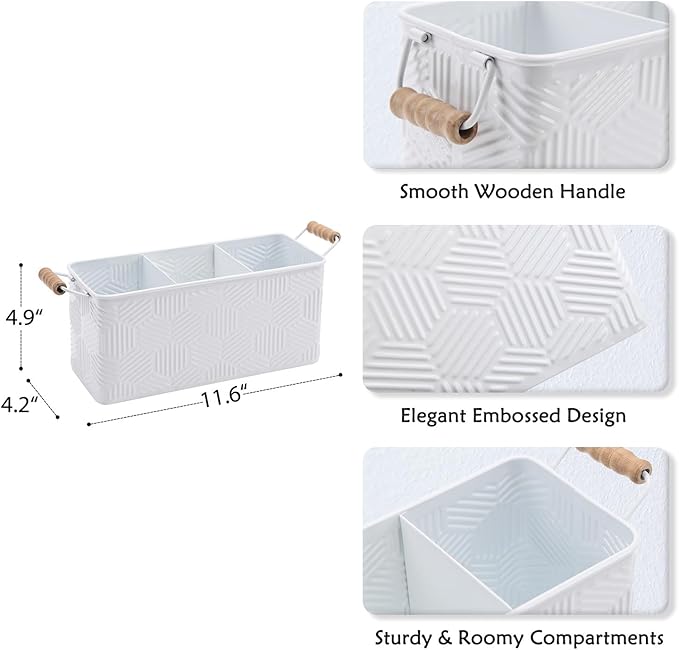 NIKKY HOME Farmhouse White Silverware Organizer with 3 Compartments Cutlery Caddy Kitchen Countertop Flatware Holder for Utensil, Spoons, Knives, Forks, Hexagon Stripe Embossed Pattern