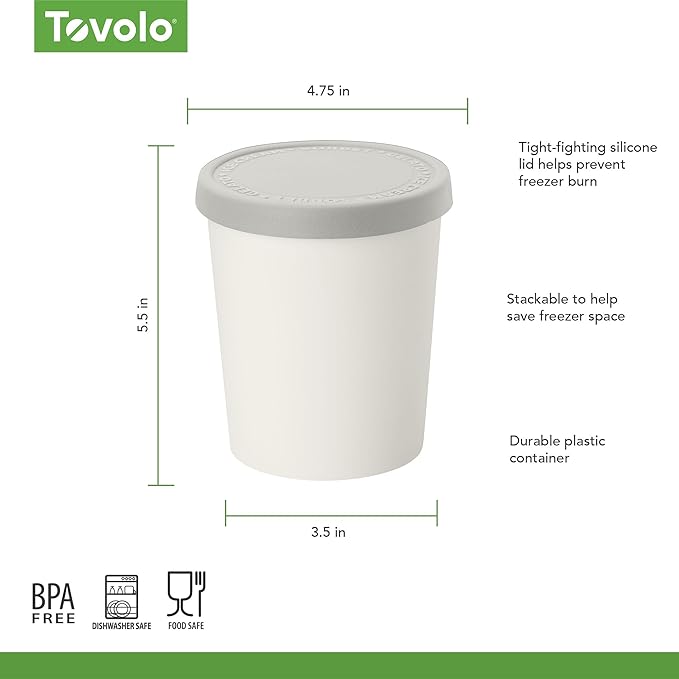 Tovolo Stackable Sweet Treat Ice Cream Tub With Tight-Fitting Silicone Lid, Freezer Storage Container for Sorbet & Gelato, BPA-Free & Dishwasher-Safe, Oyster Gray