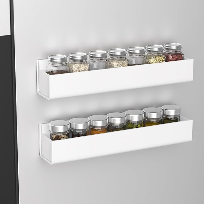 PMMASTO Adhesive Acrylic Spice Rack Organizer for Wall with Nano Double Sided Tape, Spice Shelf Organization for Kitchen Cabinet Door/Pantry Door, Wall Mount Seasoning Rack (White-2 Pack)