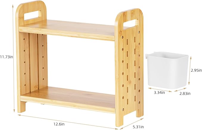 Spice Rack with Pegboard & Accessories for Kitchen Counter, Desk Organizer for Corner, Plants Rack 2-Tier, Kitchen Counter Shelf with Plastic Storage Box, Bamboo