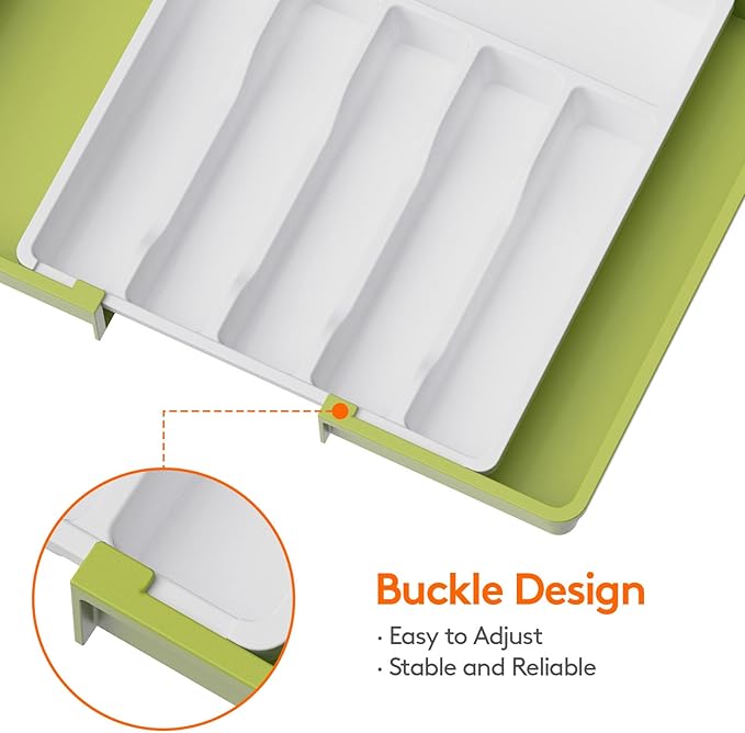 Lifewit Silverware Drawer Organizer, Expandable Utensil Tray for Kitchen, BPA Free Flatware and Cutlery Holder, Adjustable Plastic Storage for Spoons Forks Knives, 2 Pack, Green&White