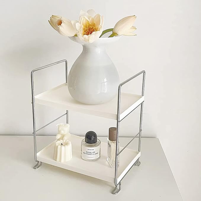lemonadeus 2-Tier Standing Rack Kitchen Cabinet Spice Rack Plastic/Metal Vanity Tray Cosmetic Organizer Standing Counter Shelf Skincare Organizer (Silver)
