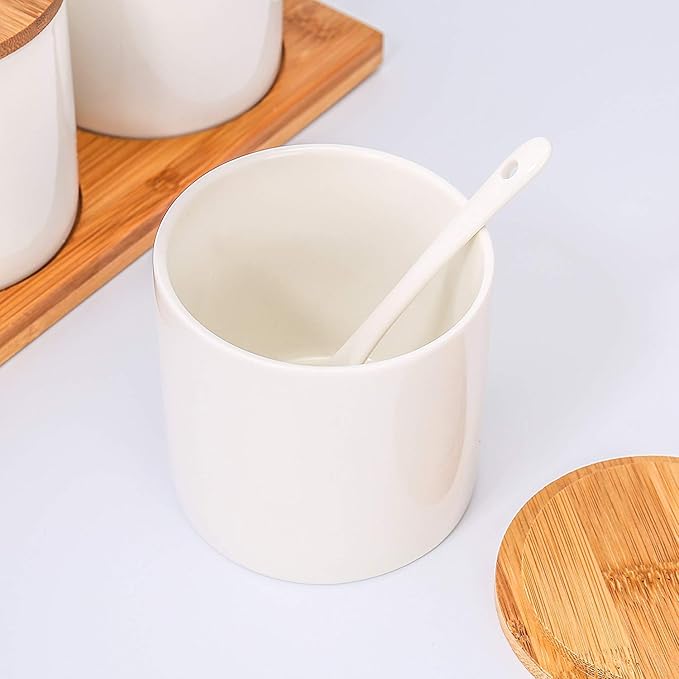 Lucky Goddness June Sky Ceramic Food Storage Containers with Bamboo Lid- Modern Design Porcelain Jar- Perfect Canister for Sugar Bowl Serving Tea, Coffee, Spice- Condiment Pot 8 oz, white