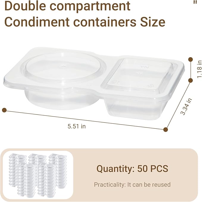 Snack Containers Double Compartment Snack Packs with Lids Grab and Go Snack Prep Box Meal Prep 2 Compartments Condiment Dipping Containers (50 Pcs)