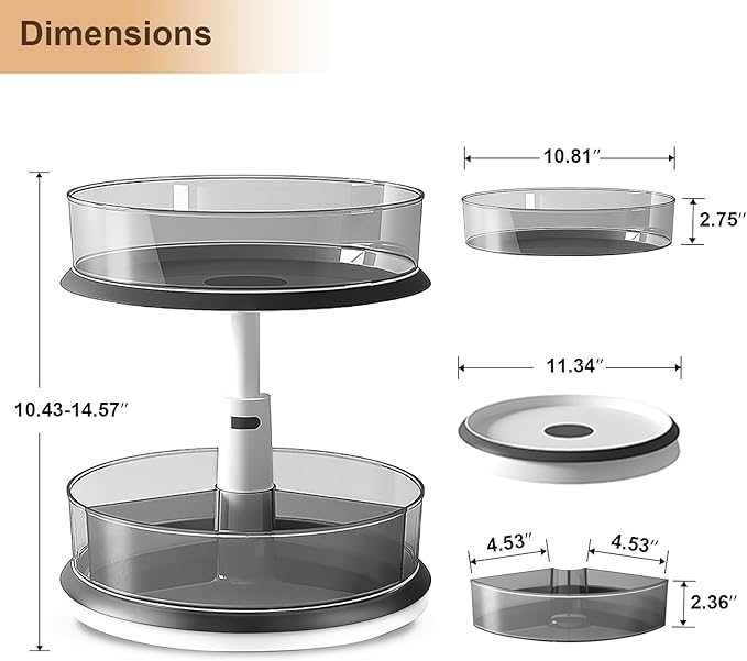 2 Tier Lazy Susan Turntable Organizer for Medicine Cabinet Bottle Pantry Countertop with Clear Large Spice Rack 11 Inch Grey