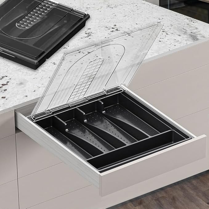 Kitchen Utensil Organizer Holder for Countertop with Removable Lid, Plastic 13 Inch Silverware Tray for Drawer,5 Compartments/Slots Total Flatware Organizer,Portable Cutlery Knives,Forks,Spoons Black