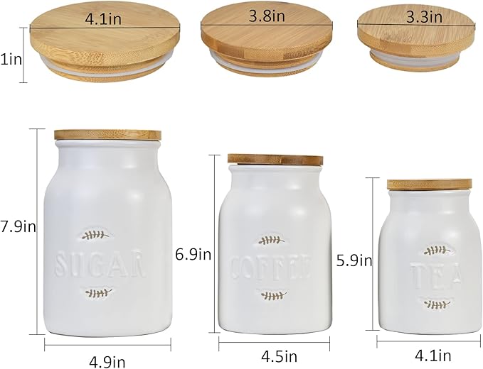 Canister Sets for Kitchen Counter, Ceramic Kitchen Canister with Airtight Bamboo Lids, Modern Farmhouse Coffee Tea Sugar Storage Jar for Countertop Decor, Set of 3, White