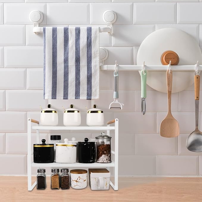 Kitchen Counter Shelf,Space Saving 2 Tier Cabinet Organizer Shelf with Wood Handle,Bathroom Countertop Shelves for Storage and Organization,16.1 x 8.3 x 12.8 Inches (White)