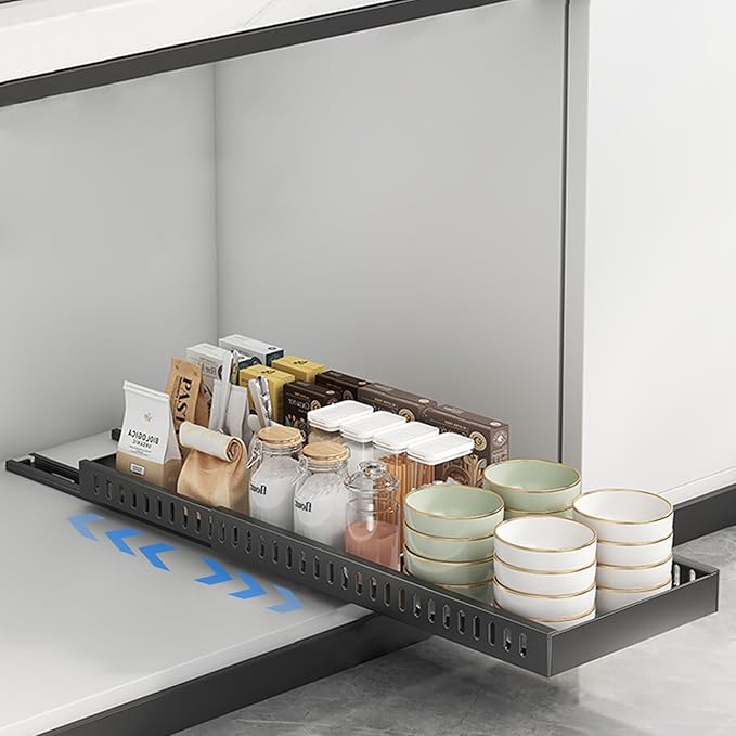2 Pack Expandable Pots and Pans Organizer Under Cabinet, Sliding Pot Lid Holder and Pan Rack in Kitchen, Pull out Kitchen Cabinet Storage, with 10 Adjustable Dividers