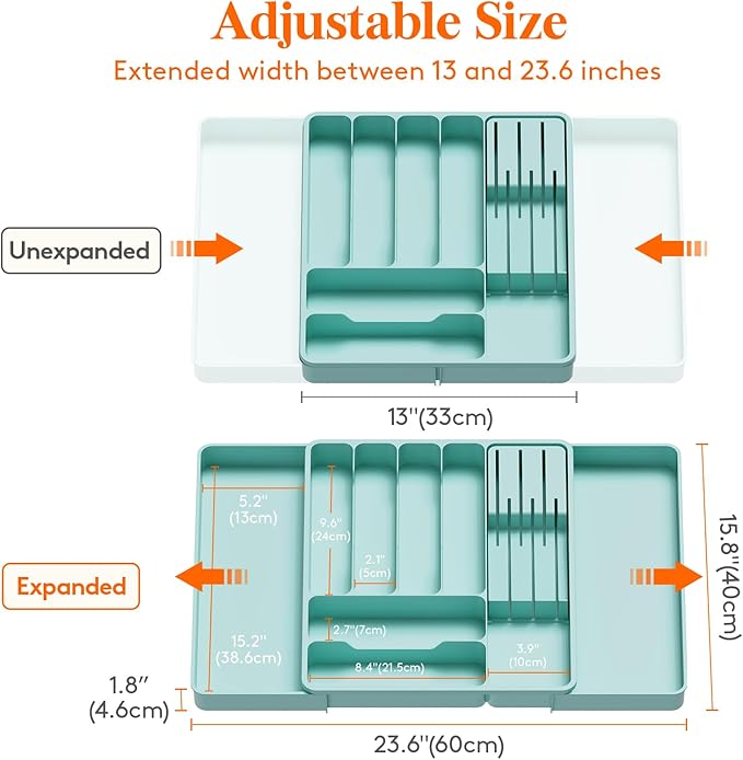 Lifewit Silverware Organizer for Kitchen Drawer, Expandable Utensil Tray with Removable Knife Block, Adjustable Cutlery Flatware Holder, Plastic Spoon Forks Holder Storage Divider, Large, Turquoise
