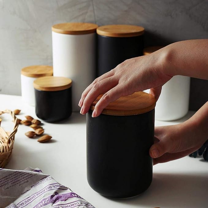 YYW Ceramic Food Storage Jar Canister with Airtight Wooden Lid, Modern Design Food Canisters Loose Tea Coffee Sugar Spice Nuts Snacks Seasonings Storage Jar Caddy (Black 23.66oz/700ml)