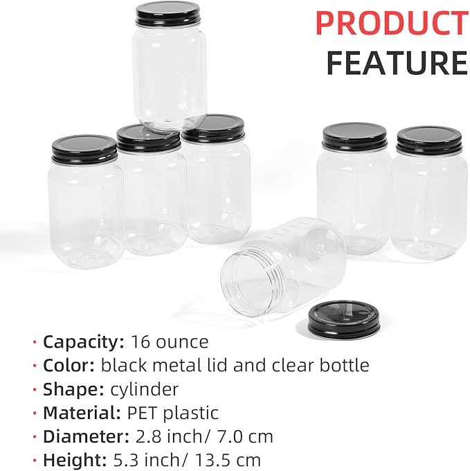 16 Ounce Clear Plastic Mason Jars With Screw On Lid, Reusable Empty Jars for Food Storage, Round BPA Free Containers for Sealing, Dry Food, Snacks, Candies, Breakage-proof, (Black - 20 Pack)