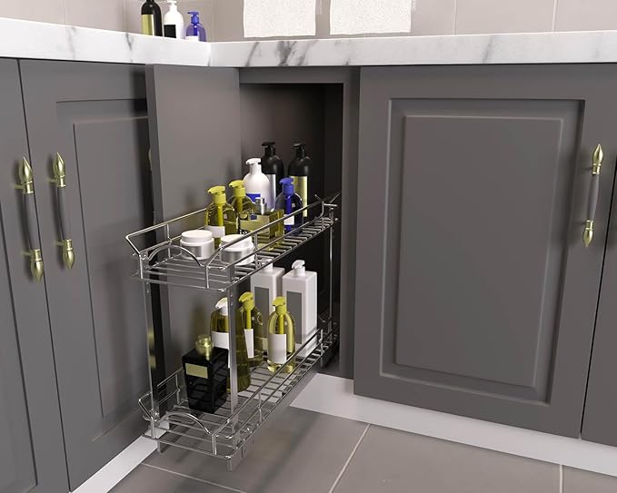 OCG Slide Out Cabinet Organizer for Narrow Cabinet (5" W X 21" D), 2 Tier Pull Out Shelves Slim Sliding Cabinet Organizer and Storage, Chrome