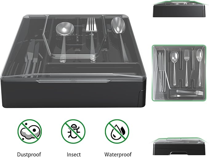 Double Layer Silverware Tray with Lid, Utensil Holder for Countertop Flatware Organizer for Kitchen Drawers with 2 Tier Cutlery Tray and 9 Compartments Silverware Storage Bin (Black)