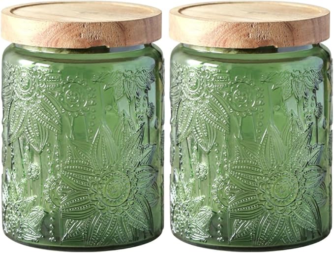 Vintage Glass Jar with Lid,Cookie Candy Jar Coffee Canister Food Storage Containers Storage Jar Set for Kitchen Office (Green garden - acacia)