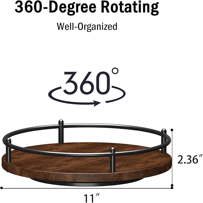 Lazy Susan Organizer:11 Inch Black Wooden Turntable Holder for Pantry&Dinning Table Rotating Round Spice Rack for Dresser Makeup, Counertop, Home&Kitchen