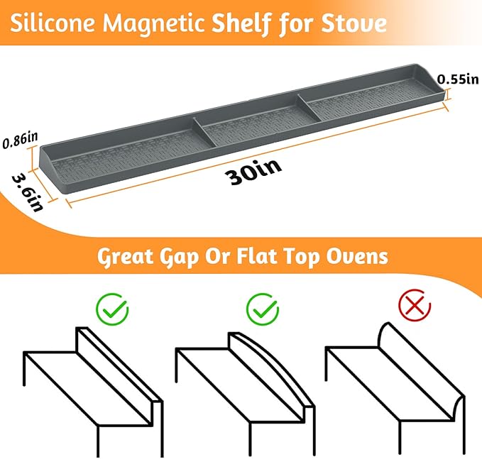 30 Inch Silicone Stove Top Shelf Magnetic for Kitchen, Soft Flexible Strong Magnetic Heat Resistant Spice Rack Organizer for Over Stove Oven - Grey