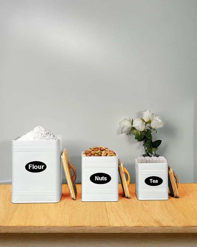 vensovo Kitchen Canisters Set of 3 – White Metal Airtight Food Storage Jars with Lids – Farmhouse Flour and Sugar Containers for Kitchen Countertop & Pantry